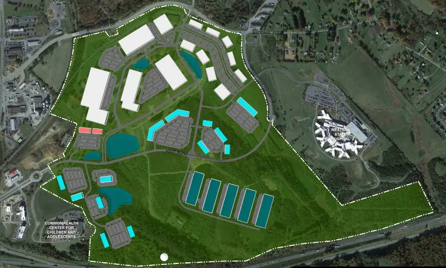 Overhead shot of Staunton Crossing's industrial section.